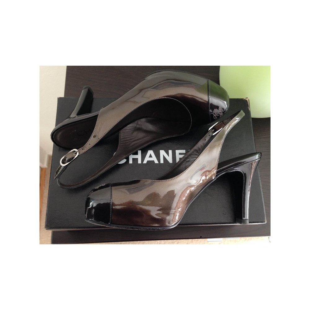 Auth Chanel CC LOGO TOE bronze w/ black slingback pumps box bags SZ 7 US 37 EU - Picture 3 of 11